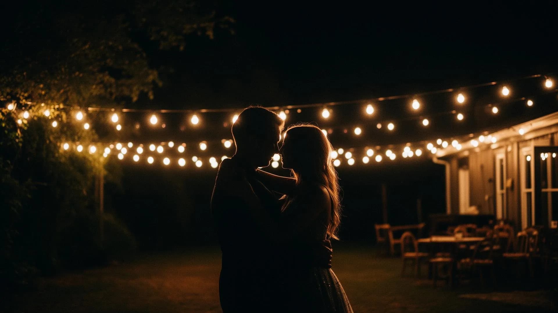 Couple silhouette under string lights